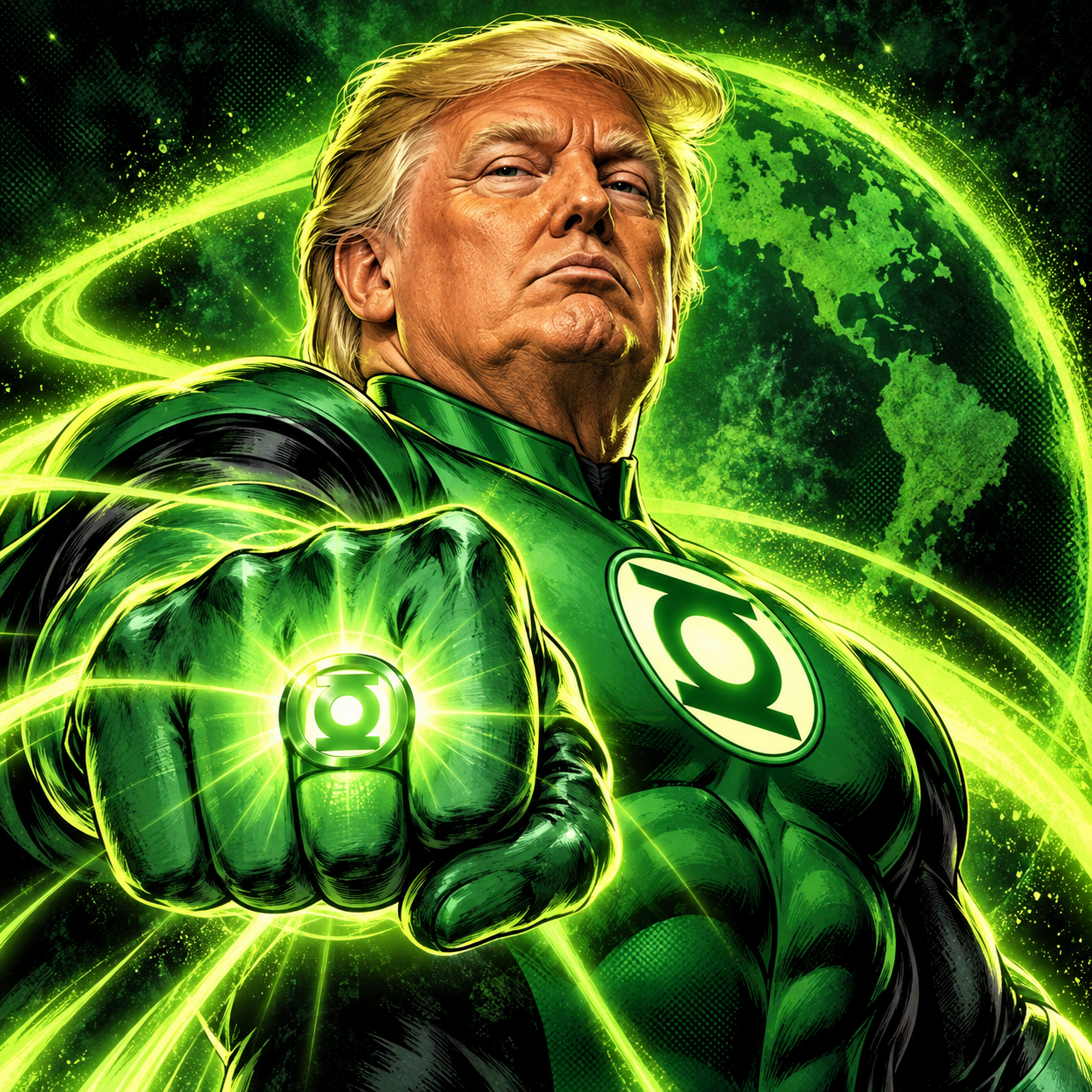 Comic-style AI illustration of Trump in an emerald superhero suit, reaching forward with a glowing green ring